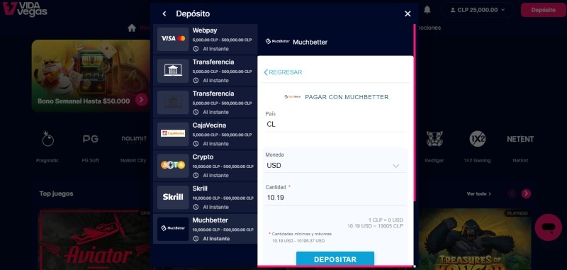 Cómo depositar con MuchBetter en VidaVegas