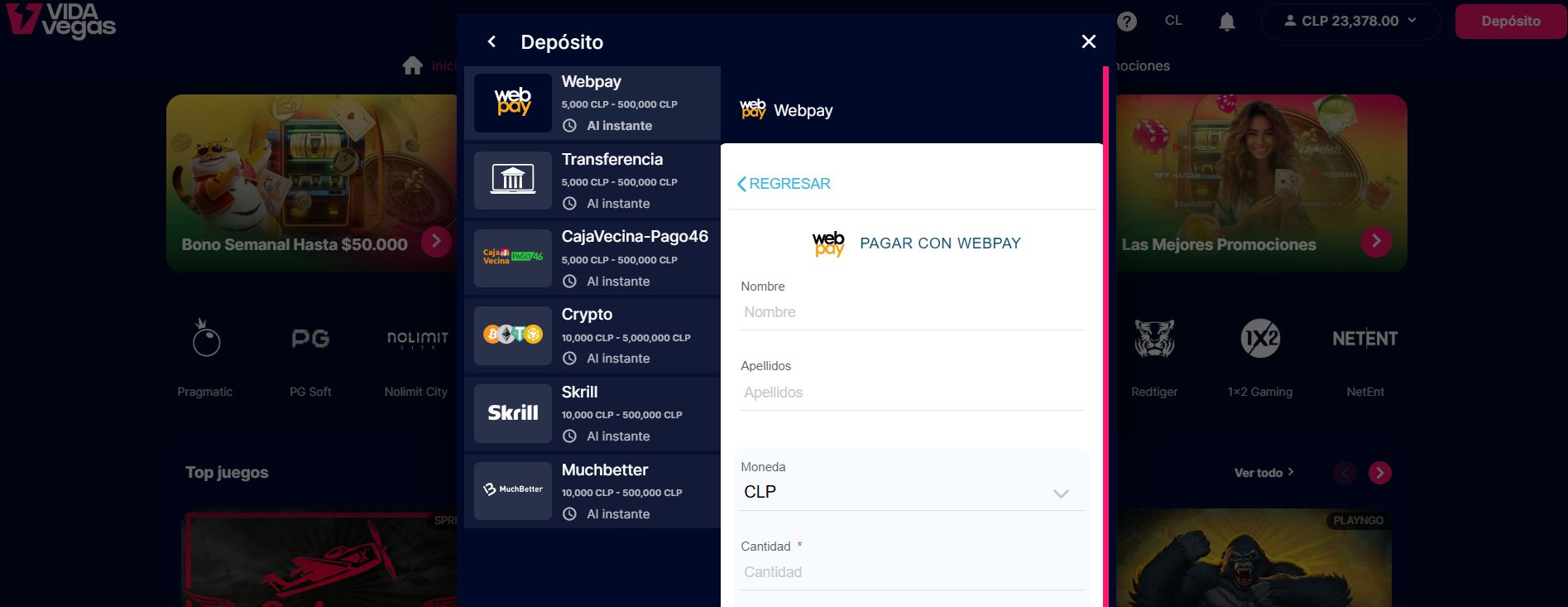 Cómo depositar en VidaVegas Chile