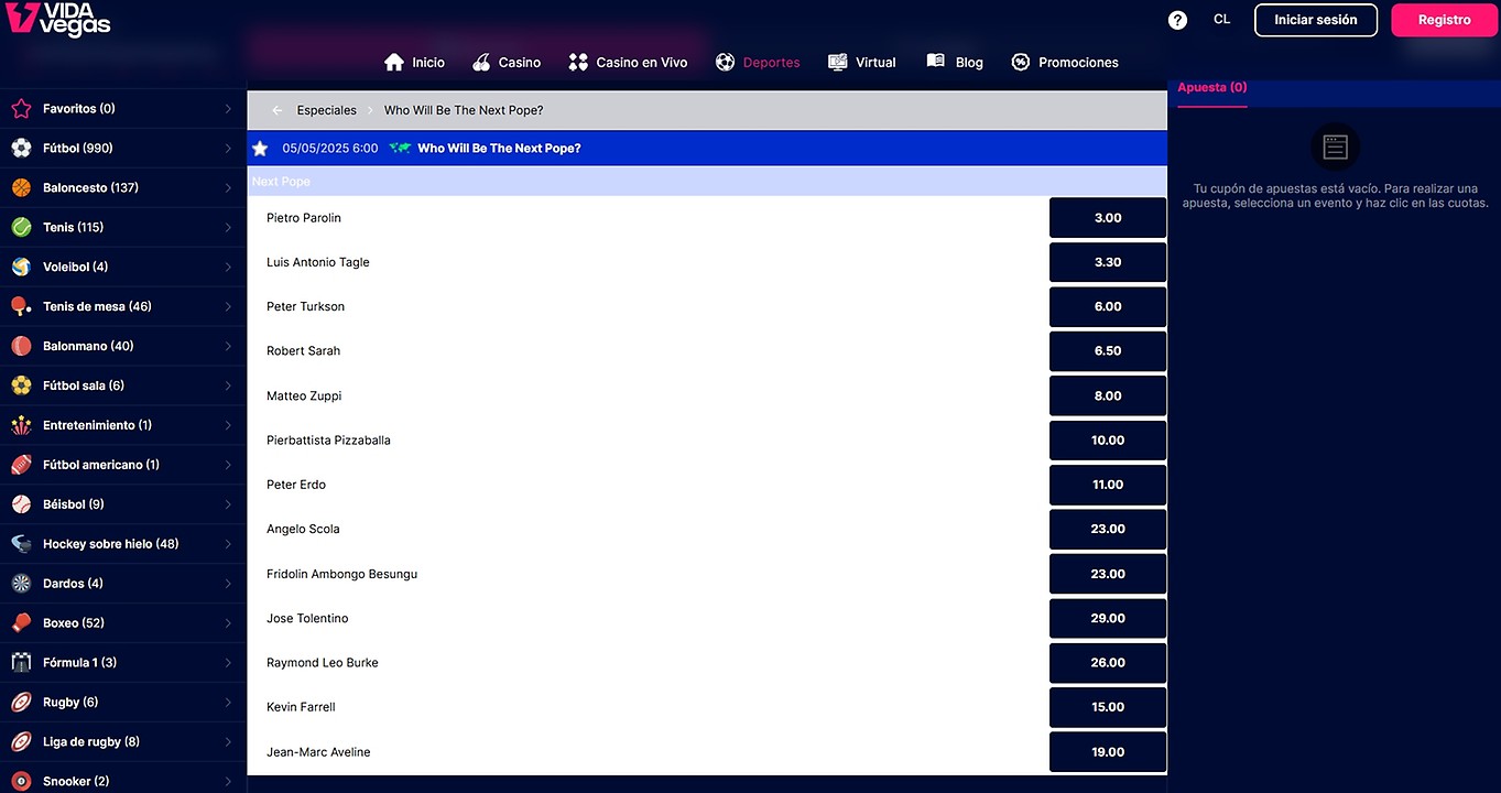 Apuestas al nuevo Papa en VidaVegas